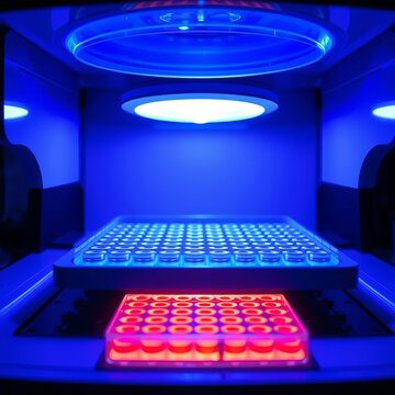 Microplate reader under blue light illumination, automated testing, blue light