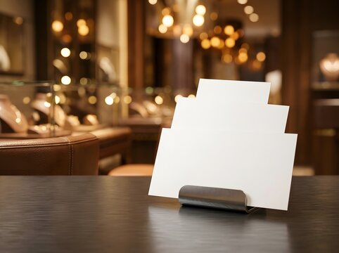 Blank white paper cards on a wooden counter in a luxury store