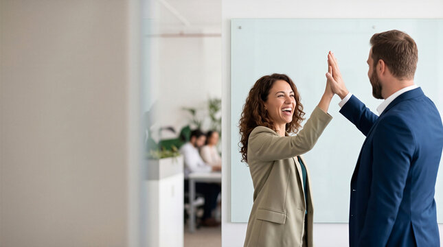 Happy business colleagues high-fiving in office. Professional team celebrating success, deal and partnership