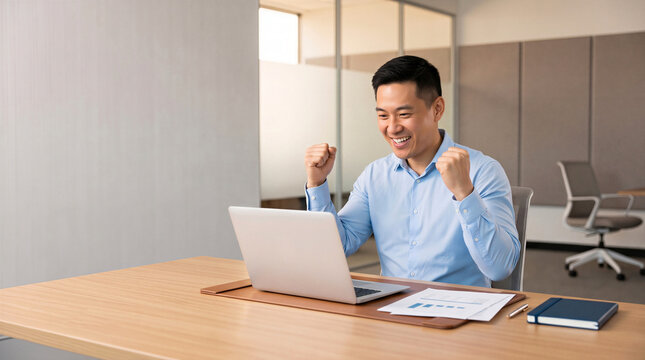Excited Asian businessman celebrating success at office desk looking at laptop