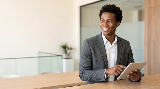 Confident young African American businessman smiling with a digital tablet in a modern office