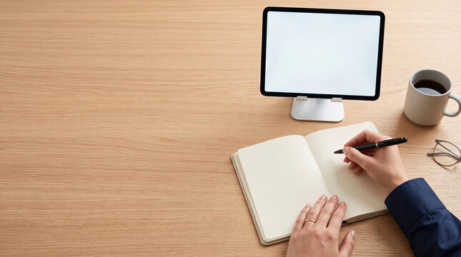 Top view of hands writing in notebook on wooden desk with blank tablet, coffee, and glasses. Work from home workspace with copy space