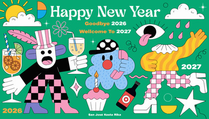 Fototapeta premium Happy New Year 2027 - Retro Cartoon Characters Goodbye 2026 Celebration Banner