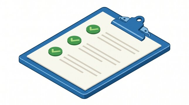 Isometric clipboard with checklist and green check marks white background check mark illustration