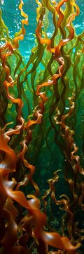 Wavy seaweed ulva lactuca floating underwater, bubbles, sea
