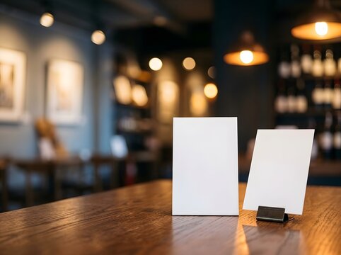 Blank menu cards stand on a wooden table in a cozy cafe