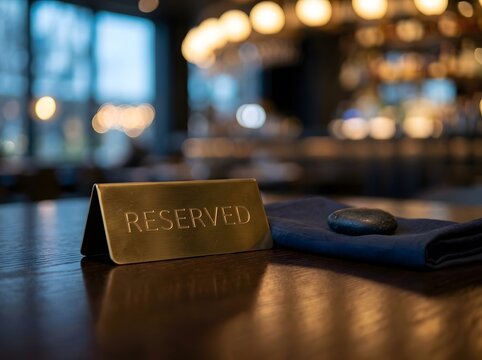 Gold reserved sign on a dark wooden table in a luxury restaurant