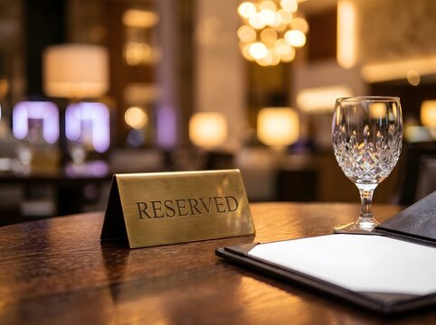 Gold reserved sign on wooden table in luxury restaurant