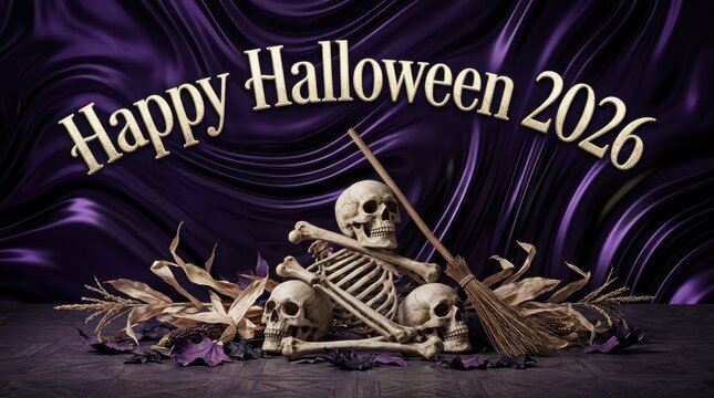 Gothic Halloween composition with skeletons broom and dry leaves on luxury purple silk background for holiday banner.