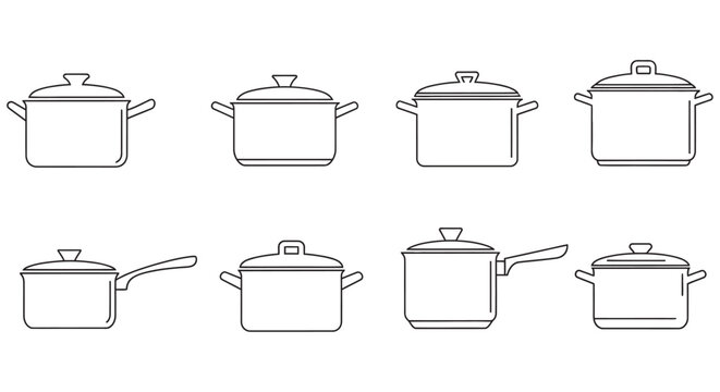 Line art cookware set depicts various pots and pans on a white background
