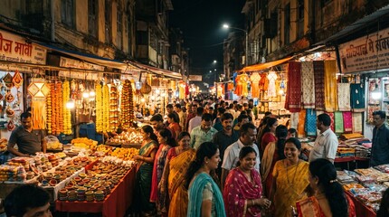 Obraz premium Crowded night market street scene in India with people shopping for traditional goods.