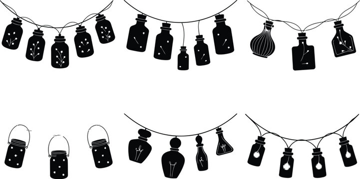 Set of six black silhouette of decorative hanging glass bottles and mason jars connected by strings for festive lighting or party decoration concepts on a white background