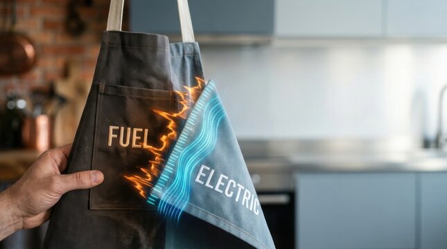 Hand flipping reversible kitchen apron from fuel to electric for business fuel switching visualization