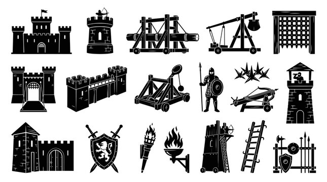 Medieval Castle Siege Weapons and Fortification Black and White Icons