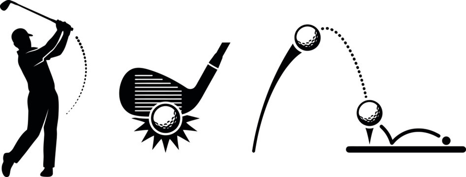 Golf swing and ball impact sequence illustration showing player hitting and bouncing ball