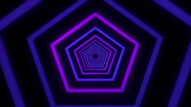 Neon Music Loop Creates Hypnotic Geometric Tunnel With Glowing Purple Pentagon Lines And Futuristic Rhythm, Abstract Depth, Digital Animation Energy And Vibrant Visual Background Design