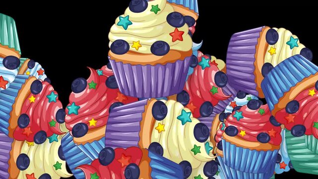 Colorful Cartoon Cupcakes Falling and Bursting on Black Background