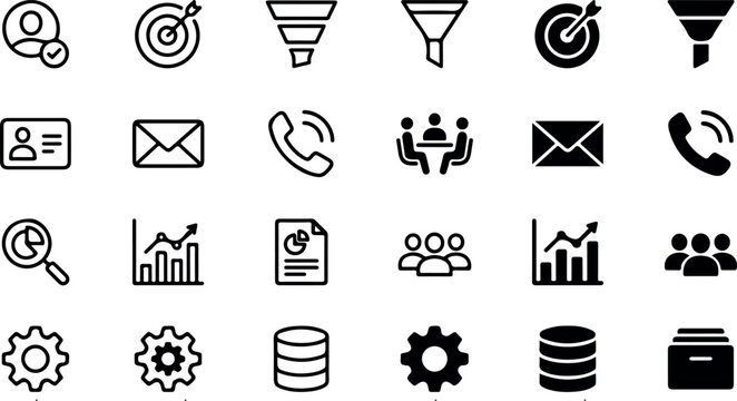 CRM pipeline management and sales lead conversion black hybrid outline solid icons mega pack