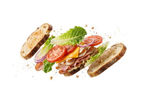 Flying sandwich with fresh ingredients exploding in air on white background