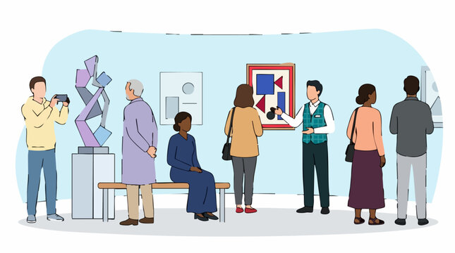People viewing modern art and an exhibition guide in a museum gallery