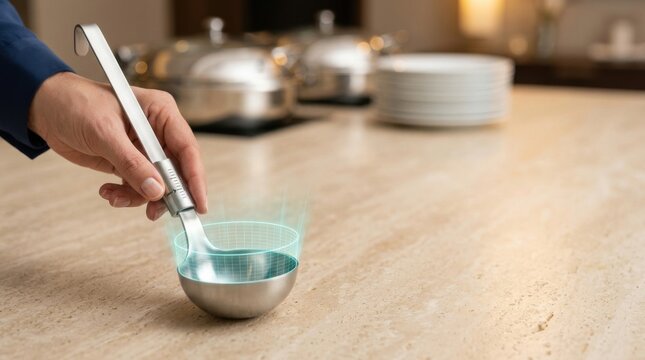 Person using spoon to stir bowl of food while adjusting portion size for waste prevention in event catering management