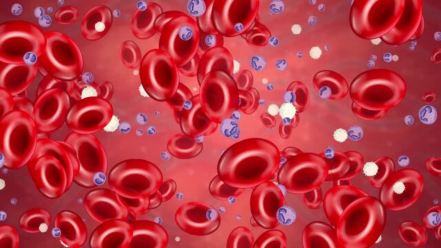 Microscopic Animation of Red and White Blood Cells Drifting Right