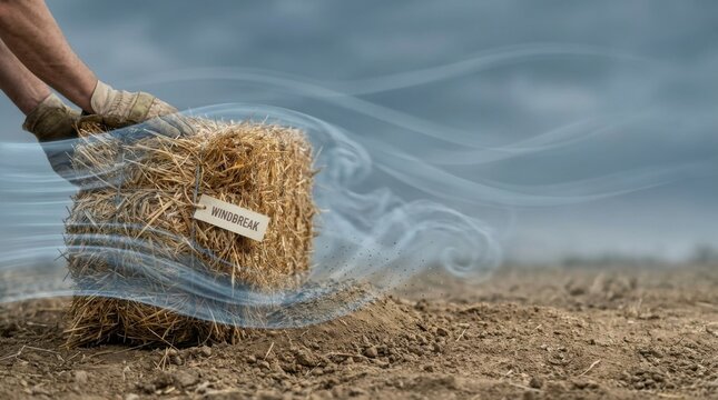 Person's feet next to pile of hay demonstrating wind erosion protection techniques for sustainable farming practices