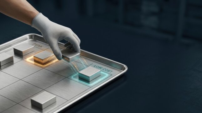 Flexible production scheduling visualized by a hand placing a piece of gold bar into a baking tray of movable time slots