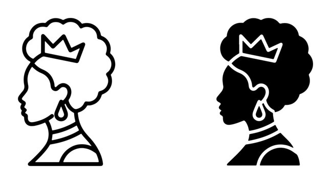 Black Queen Silhouette Vector Icons, Regal Woman Profile with Crown and Earrings, Royalty Symbol, African American Female Iconography, Elegant Empress Portrait