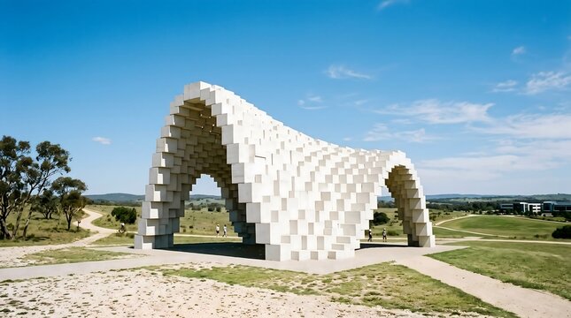 Modern geometric concrete block sculpture arch structure in landscape park