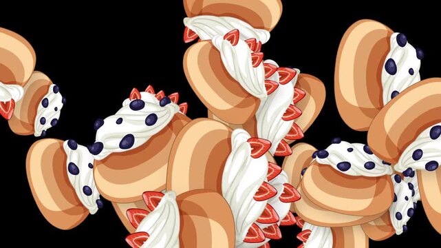 Animated Burst of Cream Puffs with Berries on Black Background