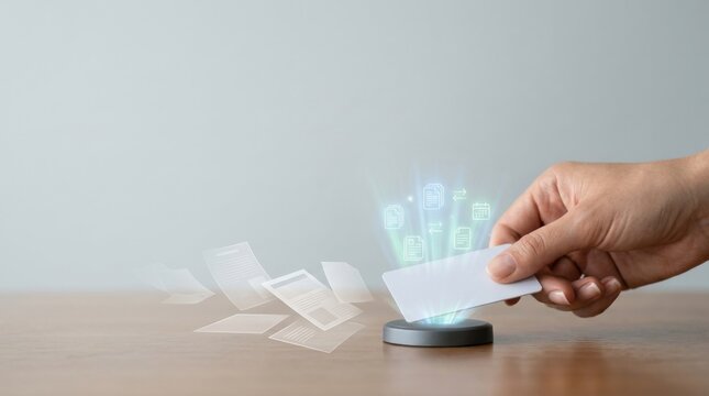 Individual tapping plain reusable contactless information card against reader for paper-light conference solutions