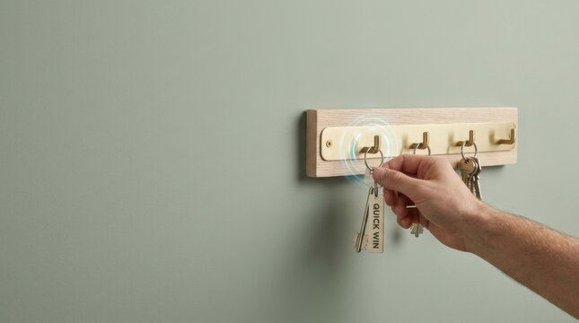 Person holding a key holder for quick energy efficiency wins with wall-mounted key rail and easily reachable key