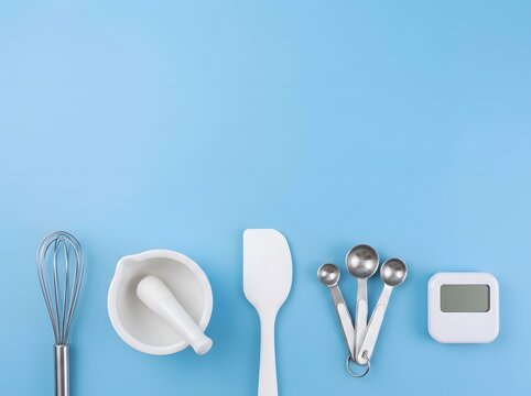 White kitchen utensils and baking tools on blue background