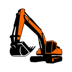 excavator on a white, a construction excavator with a raised boom and lowered bucket © MdHabiburRahman