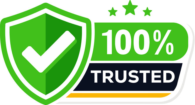 Green hundred percent trusted badge vector illustration with checkmark shield, three stars, modern flat design for website security, quality label.
