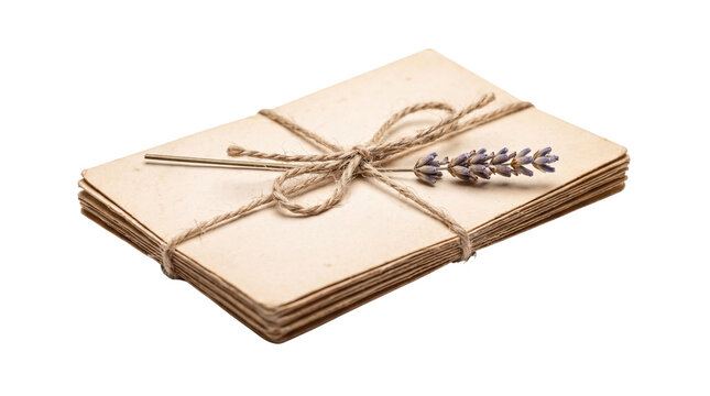 Vintage kraft paper cards tied with twine and lavender, rustic stationary stack, old letters with dried flower on white background
