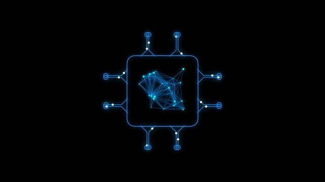 Glowing cpu processor icon with plexus network core on black background for ai tech.
