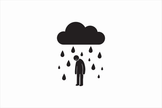Depressed man standing under rain cloud icon in solid black style. Vector illustration for depression, mental health, and sadness concept.