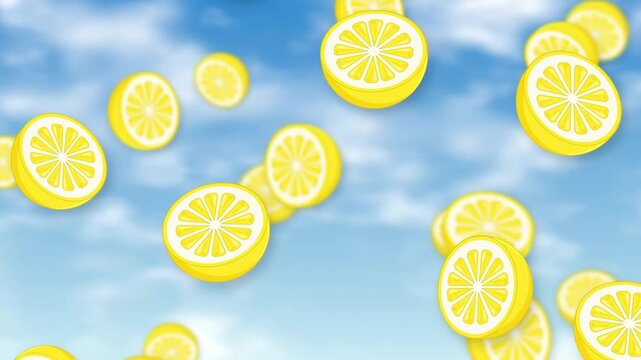 Animated Lemon Slices Falling Against a Bright Blue Sky Background