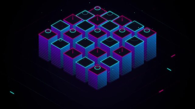 Abstract isometric network servers processing data with neon glowing motion graphics.