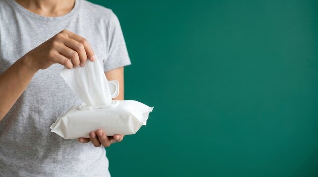 Everyday Hygiene and Wet Wipes, Woman Pulling Disposable Wipe from Pack