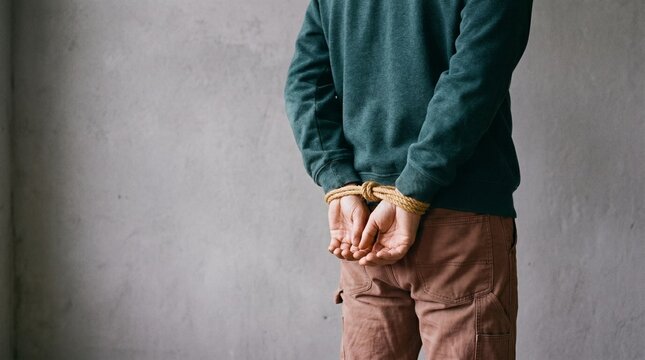 Restricted Freedom and Detention, Man Standing with Hands Tied Behind Back
