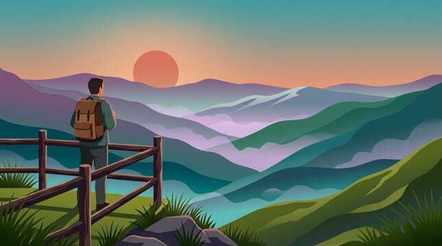 Mountain Adventure and Solo Travel, Backpacker Watching Layered Sunrise