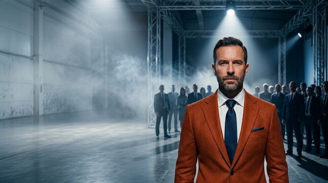 Standing Out from the Crowd, Confident Businessman in Orange Suit