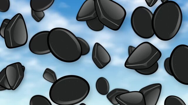 Animation of Black Stones and Pebbles Falling Through a Blue Sky