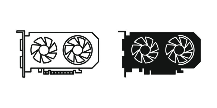 Computer graphics card line art and silhouette on white background for technology concept
