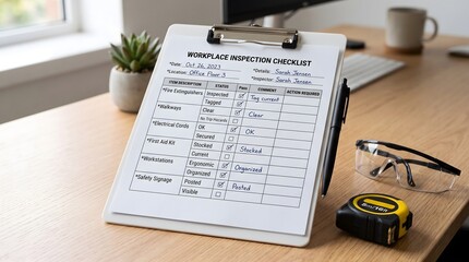 Obraz premium Workplace inspection checklist on clipboard with safety gear