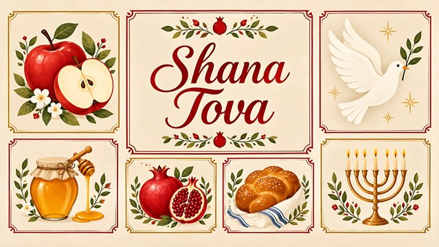 Shana Tova illustration with Traditional Rosh Hashanah Holiday Symbols in Frames