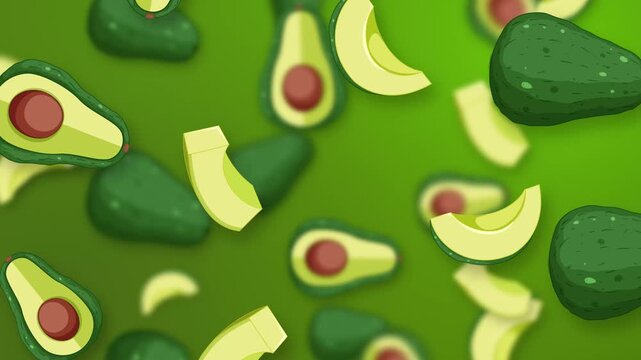 Falling Avocado Slices and Whole Fruit Animation on Green Background